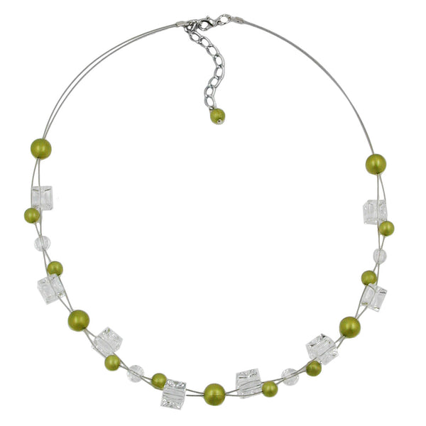 Kette Drahtkette Würfel oliv-seidig und transparente Kunststoffperlen 42cm