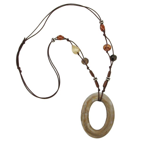 Kette 88x66mm Ring braun-beige Kunststoffperlen Baumwollkordel braun 95cm