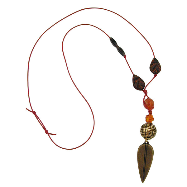 Kette 54x21mm Kunststoffperlen Speerspitze altmessingfarben Baumwollkordel braun 90cm