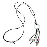 Kette Ring Aluminium hellgrau Perlen silberfarben rosa Kordel schwarz 80cm