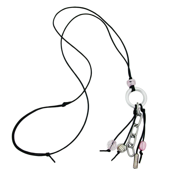Kette Ring Aluminium hellgrau Perlen silberfarben rosa Kordel schwarz 80cm