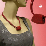 Kette Kunststoffperle Trapez rot-schwarz-marmoriert matt Kordel rot 45cm