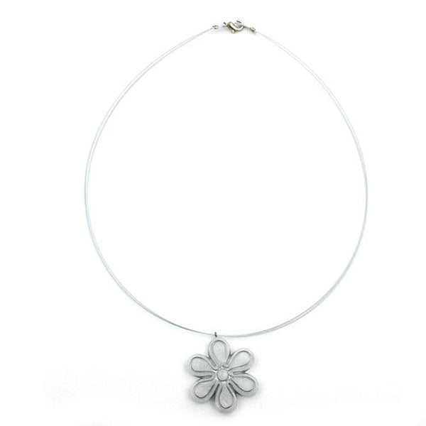 Kette Drahtkette Anhänger Blüte grau-silber-matt Kunststoffperlen 42cm