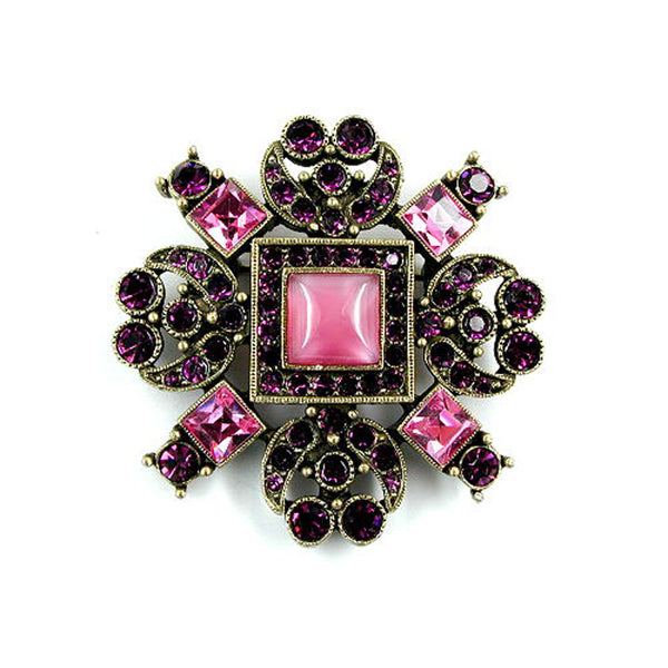 Brosche, lila-pink, altmessing