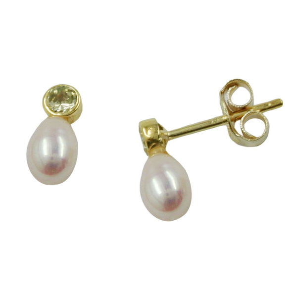 Stecker 8x4mm Zuchtperle mit Zirkonia grün 9Kt GOLD