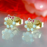 Stecker 6mm Blume weiß pink emailliert 9Kt GOLD