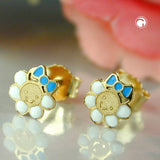 Stecker 6mm Blume weiß hellblau emailliert 9Kt GOLD