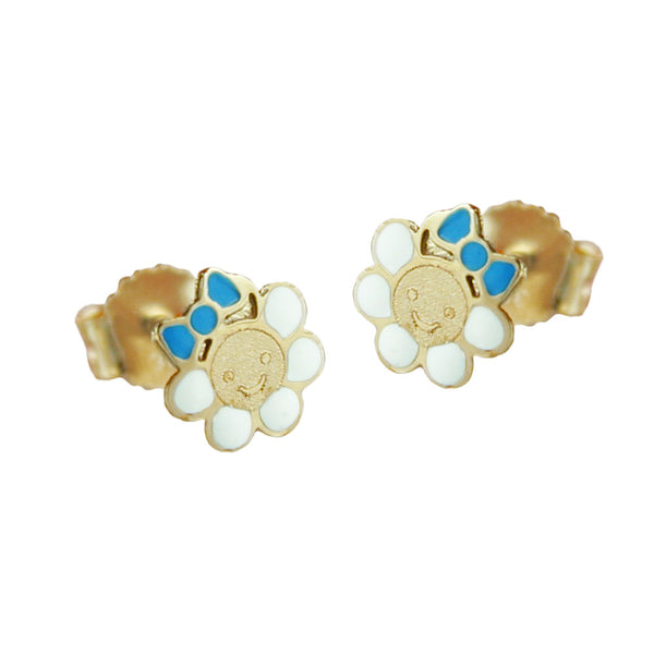 Stecker 6mm Blume weiß hellblau emailliert 9Kt GOLD