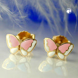 Stecker 4x7mm Schmetterling rosa weiß 9Kt GOLD