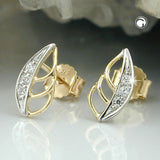 Stecker 8,5x4,5mm Blatt bicolor mit Zirkonias 9Kt GOLD