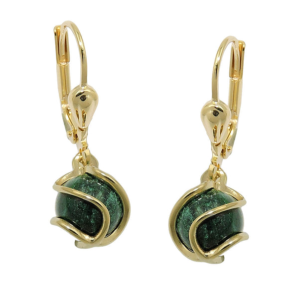 Ohrbrisur Ohrhänger Ohrringe 23x8mm Perle Malachit umwickelt 8Kt GOLD
