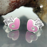 Stecker 6x7mm Kinderohrring Herz pink lackiert Silber 925