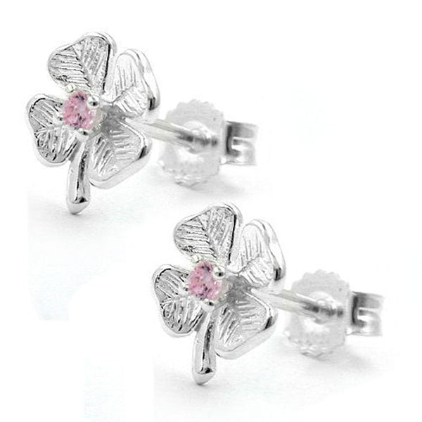 Stecker, Kleeblatt, Zirkonia pink, 925