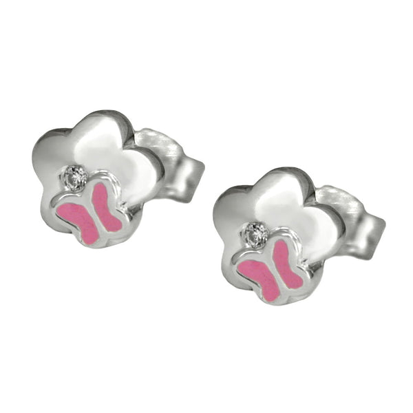 Stecker 6,5mm Kinderohrring Blume mit Schmetterling Zirkonia Silber 925
