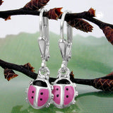 Ohrbrisur Ohrhänger Ohrringe 23x7mm Marienkäfer rosa-schwarz lackiert Silber 925