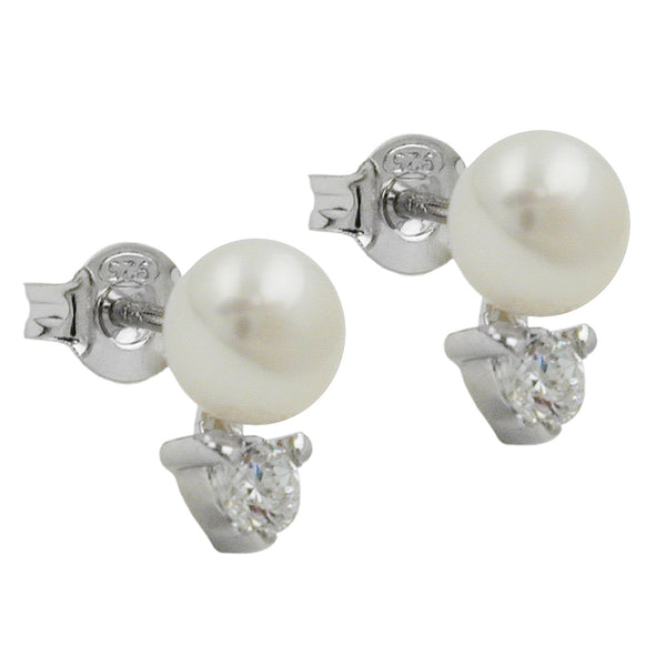 Stecker 10x6mm Zuchtperle mit Zirkonia rhodiniert Silber 925