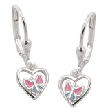 Ohrbrisur Ohrhänger Ohrringe 21x8mm Herz mit Schmetterling rosa-hellblau lackiert Silber 925
