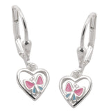 Ohrbrisur Ohrhänger Ohrringe 21x8mm Herz mit Schmetterling rosa-hellblau lackiert Silber 925