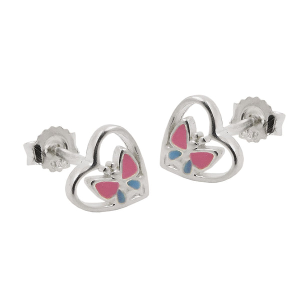 Stecker 7mm Kinderohrring Schmetterling pink-hellblau lackiert im Herz Silber 925