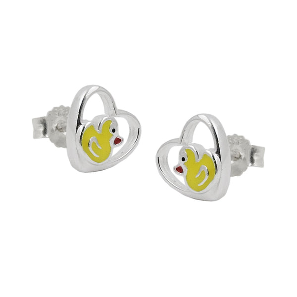 Stecker 8mm Kinderohrring kleine Ente im Herz farbig lackiert Silber 925