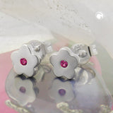 Stecker 6mm Kinderohrring Blume mit synthetischem Rubin pink farbig Silber 925