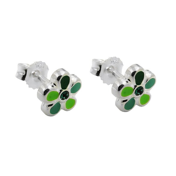 Stecker 6,5mm Kinderohrring Blume grün-lackiert Silber 925