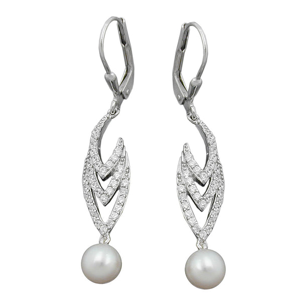 Ohrbrisur Ohrhänger Ohrringe 45x8mm mit Zuchtperle und Zirkonias rhodiniert Silber 925