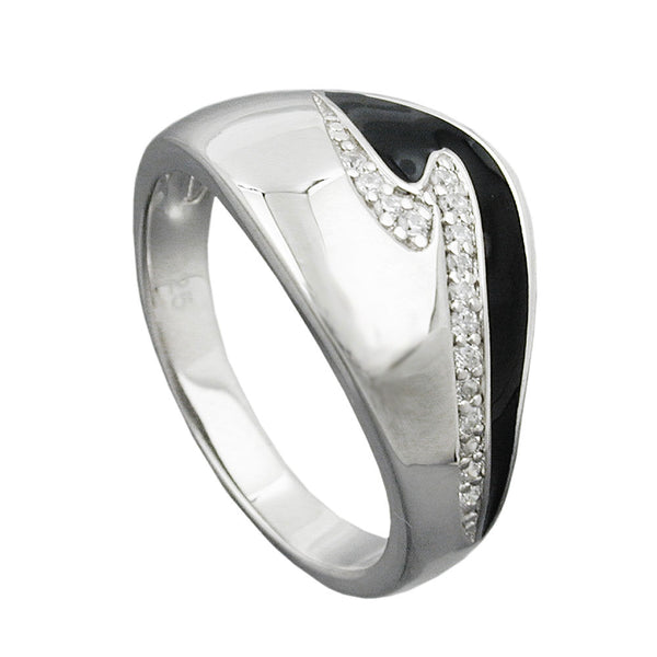 Ring 11mm schwarze Lackeinlage weiße Zirkonias glänzend rhodiniert Silber 925 Ringgröße 54